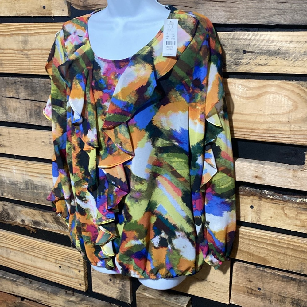NewYork & Co. Women's Multicolor Round Neck Long Sleeve Ruffle Blouse Size Large - Picture 2 of 8
